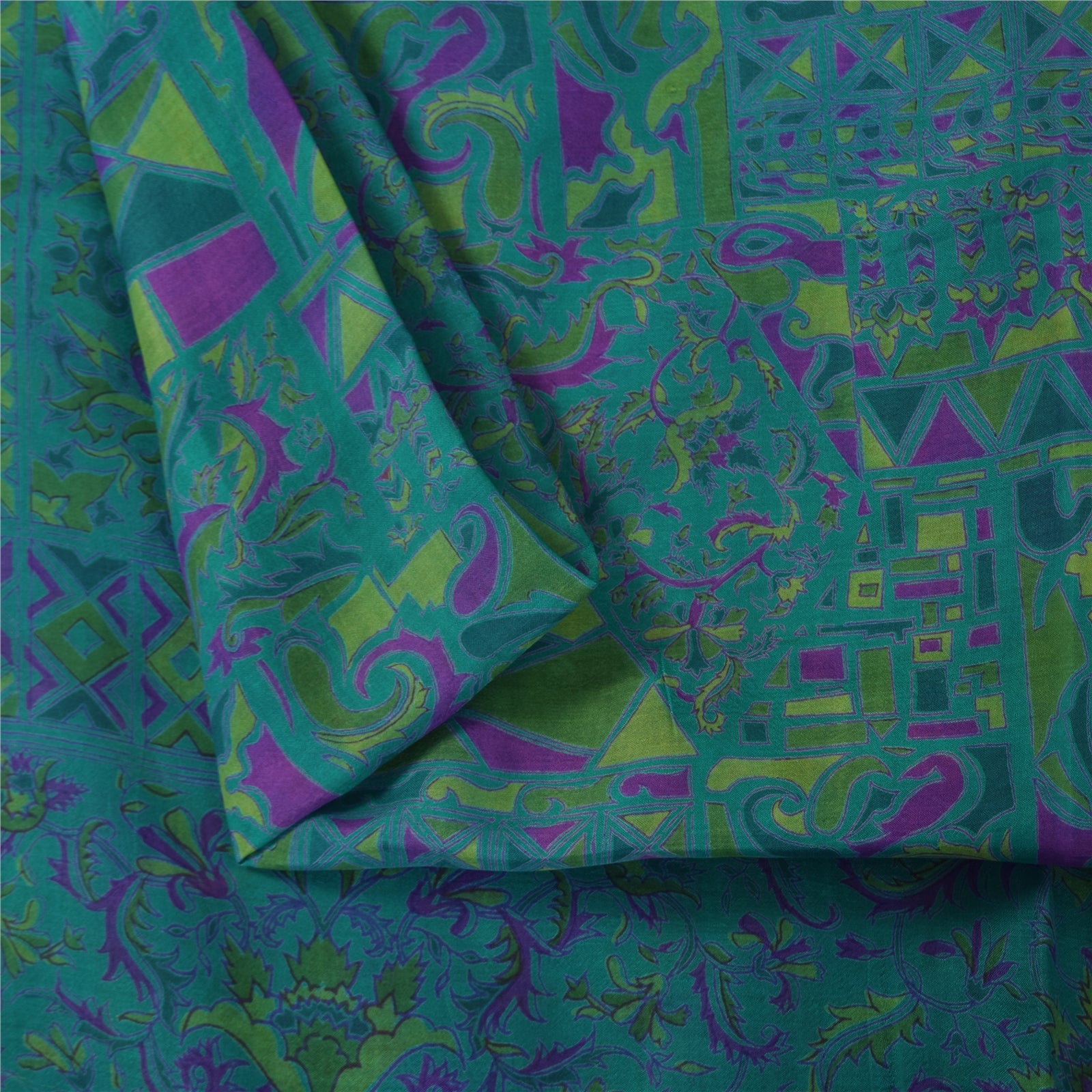 Sanskriti Vintage Sarees Blue Zari Border Pure Silk Print Sari 6yd Craft Fabric