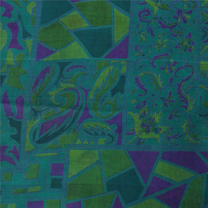 Sanskriti Vintage Sarees Blue Zari Border Pure Silk Print Sari 6yd Craft Fabric