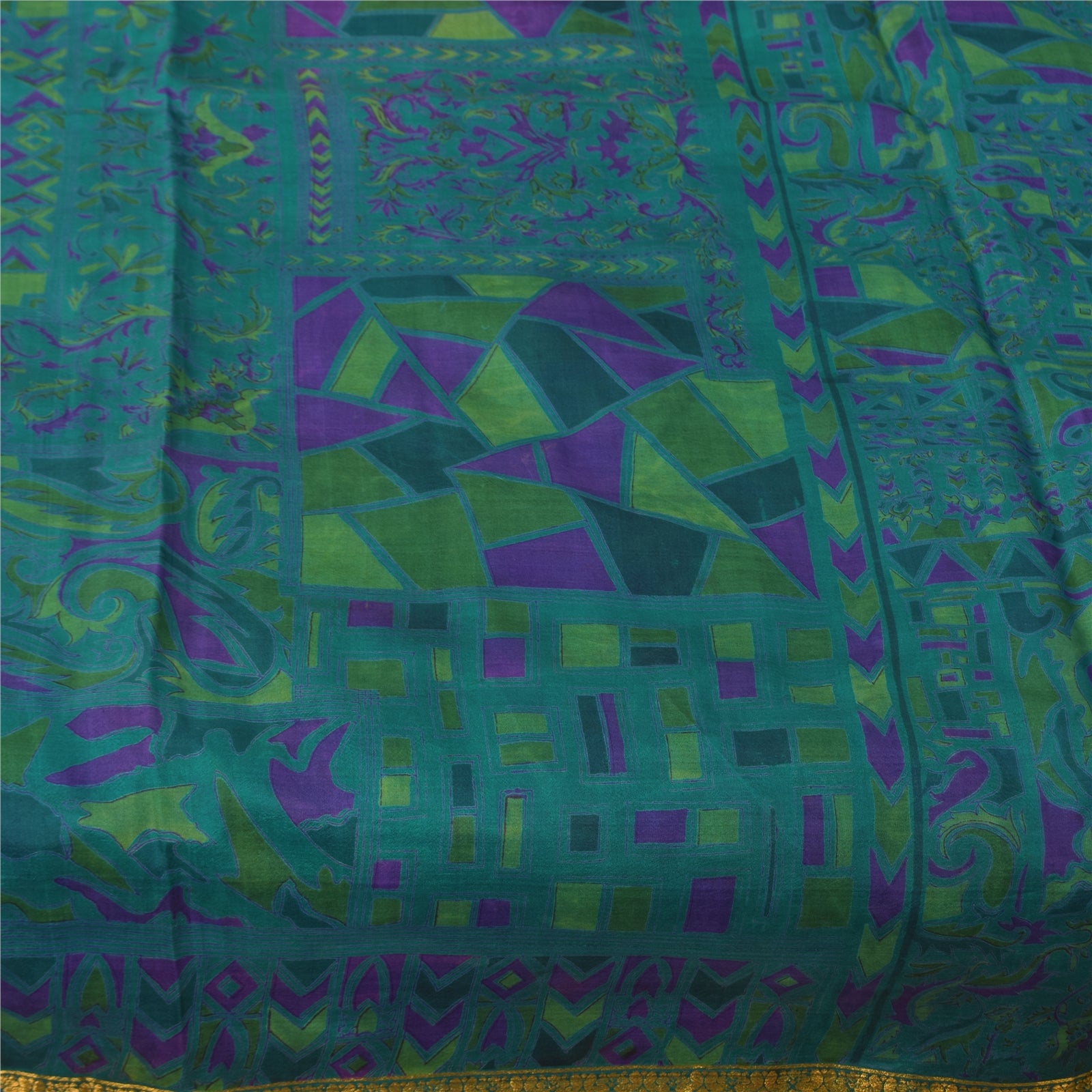 Sanskriti Vintage Sarees Blue Zari Border Pure Silk Print Sari 6yd Craft Fabric