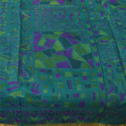 Sanskriti Vintage Sarees Blue Zari Border Pure Silk Print Sari 6yd Craft Fabric