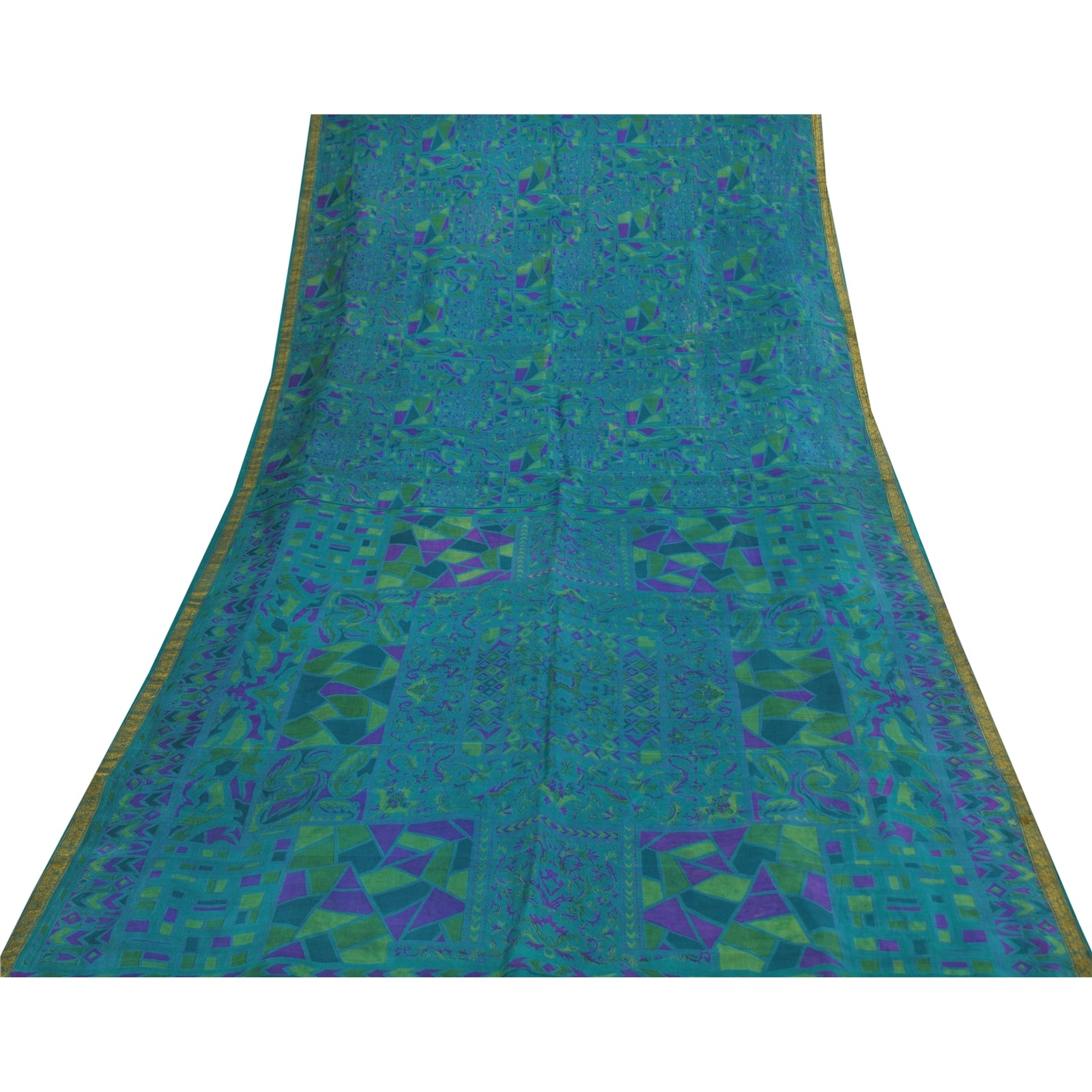 Sanskriti Vintage Sarees Blue Zari Border Pure Silk Print Sari 6yd Craft Fabric