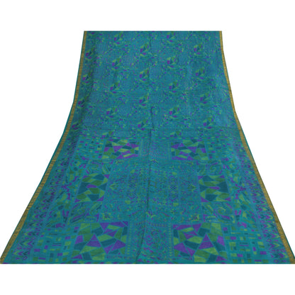 Sanskriti Vintage Sarees Blue Zari Border Pure Silk Print Sari 6yd Craft Fabric