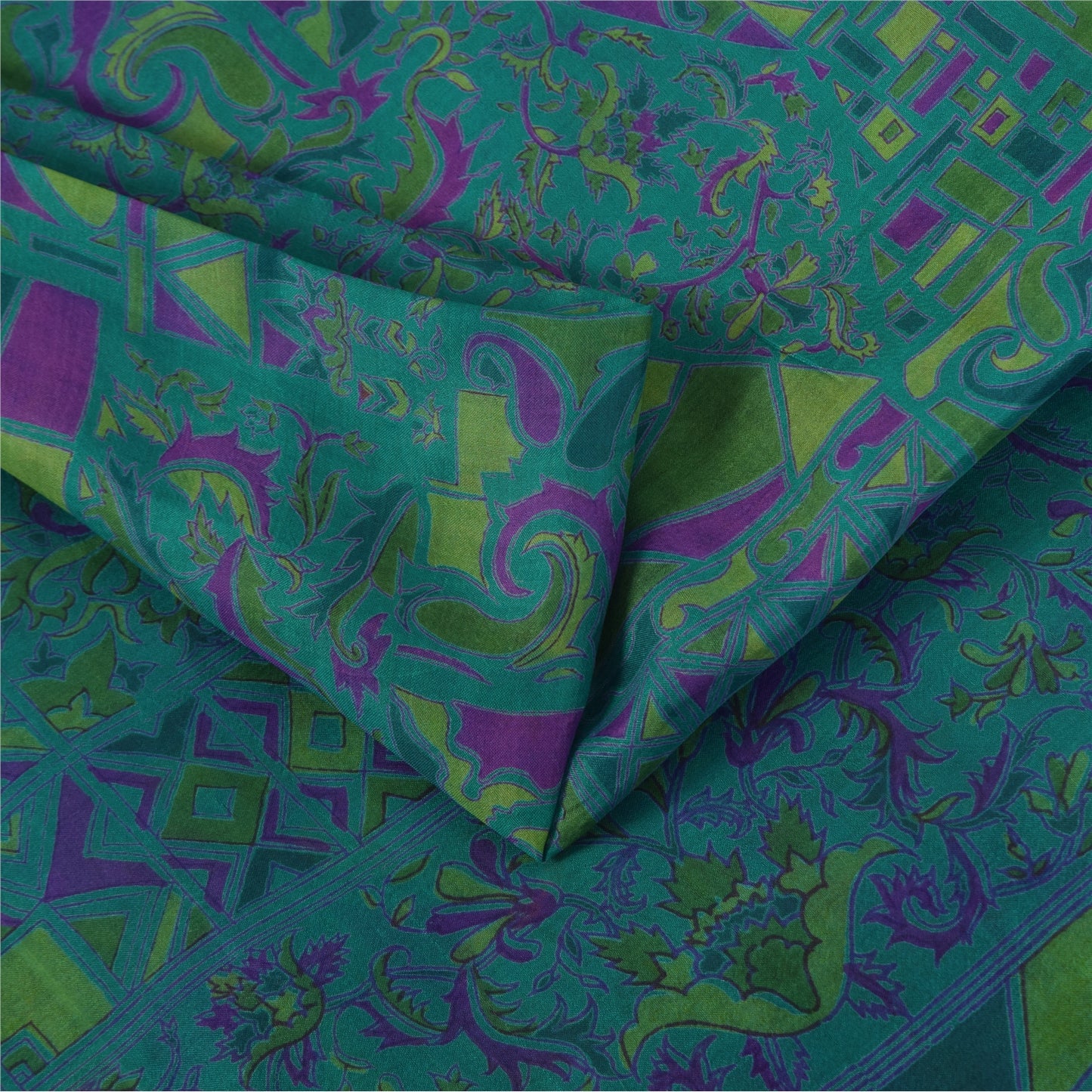 Sanskriti Vintage Sarees Blue Zari Border Pure Silk Print Sari 6yd Craft Fabric