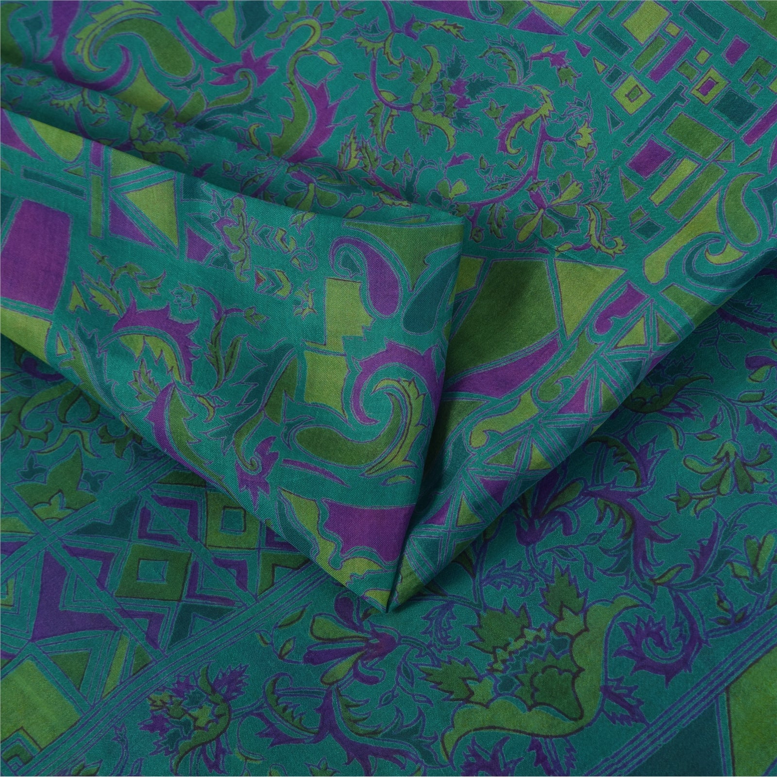 Sanskriti Vintage Sarees Blue Zari Border Pure Silk Print Sari 6yd Craft Fabric