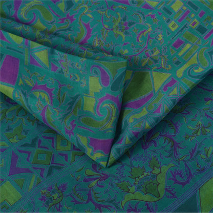 Sanskriti Vintage Sarees Blue Zari Border Pure Silk Print Sari 6yd Craft Fabric