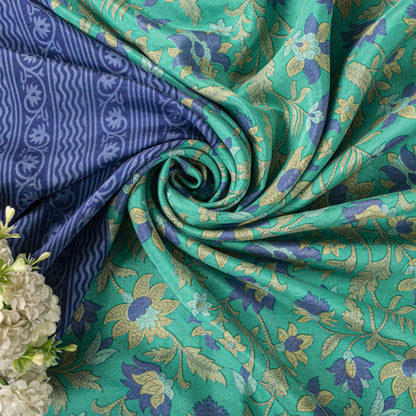 Sanskriti Vintage Saree Green Soft Pure Silk Floral Printed Sari 5.5+Yard Fabric