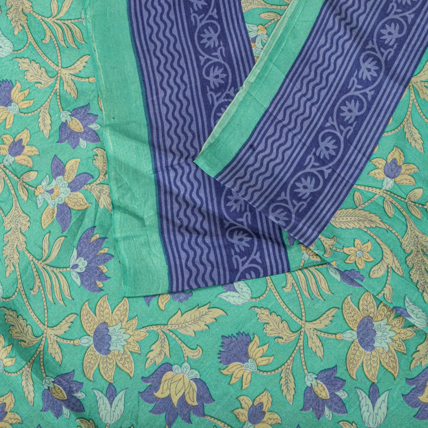 Sanskriti Vintage Saree Green Soft Pure Silk Floral Printed Sari 5.5+Yard Fabric