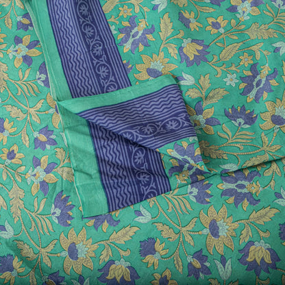 Sanskriti Vintage Saree Green Soft Pure Silk Floral Printed Sari 5.5+Yard Fabric