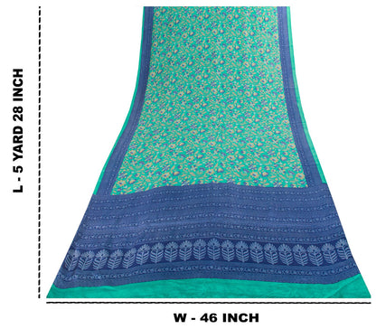 Sanskriti Vintage Saree Green Soft Pure Silk Floral Printed Sari 5.5+Yard Fabric