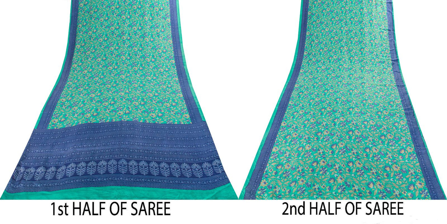 Sanskriti Vintage Saree Green Soft Pure Silk Floral Printed Sari 5.5+Yard Fabric