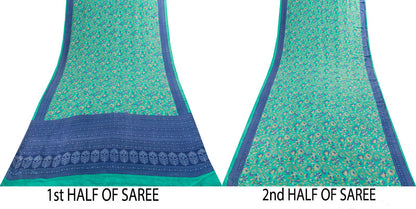 Sanskriti Vintage Saree Green Soft Pure Silk Floral Printed Sari 5.5+Yard Fabric