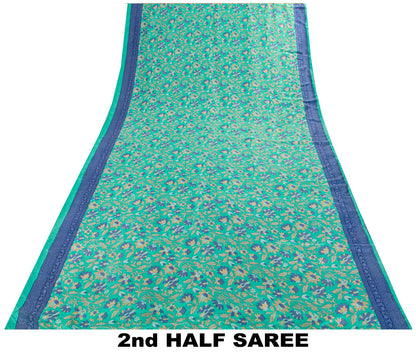Sanskriti Vintage Saree Green Soft Pure Silk Floral Printed Sari 5.5+Yard Fabric
