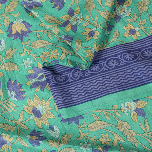 Sanskriti Vintage Saree Green Soft Pure Silk Floral Printed Sari 5.5+Yard Fabric