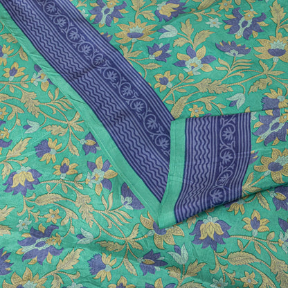 Sanskriti Vintage Saree Green Soft Pure Silk Floral Printed Sari 5.5+Yard Fabric