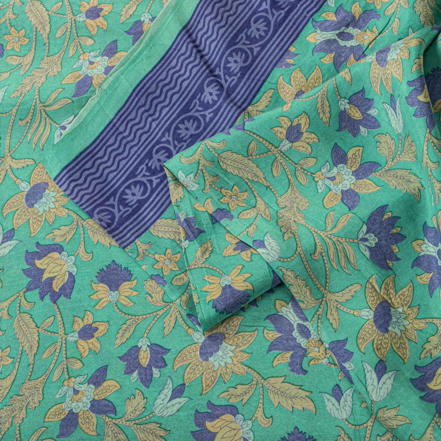 Sanskriti Vintage Saree Green Soft Pure Silk Floral Printed Sari 5.5+Yard Fabric