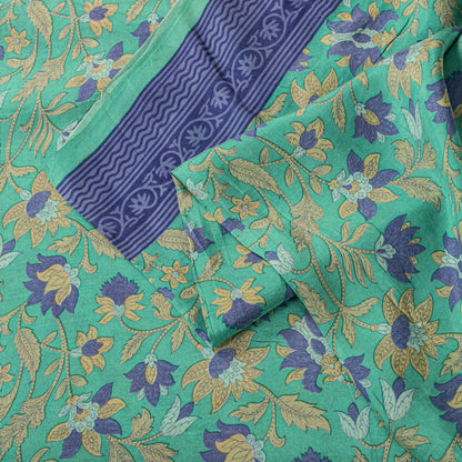 Sanskriti Vintage Saree Green Soft Pure Silk Floral Printed Sari 5.5+Yard Fabric