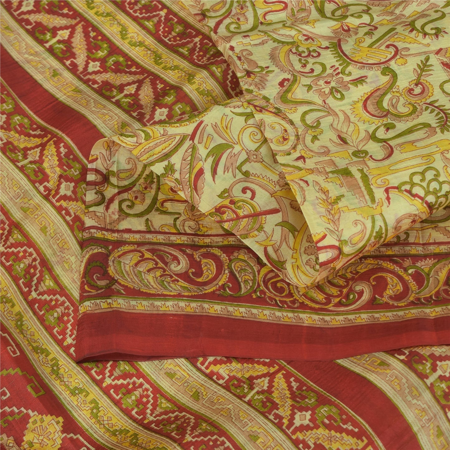 Sanskriti Vintage Sarees Cream Indian Pure Silk Printed Sari 5+yd Craft Fabric