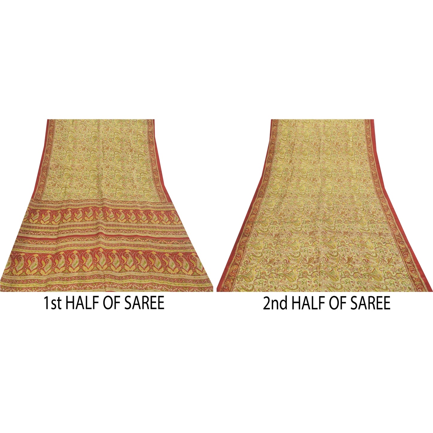 Sanskriti Vintage Sarees Cream Indian Pure Silk Printed Sari 5+yd Craft Fabric