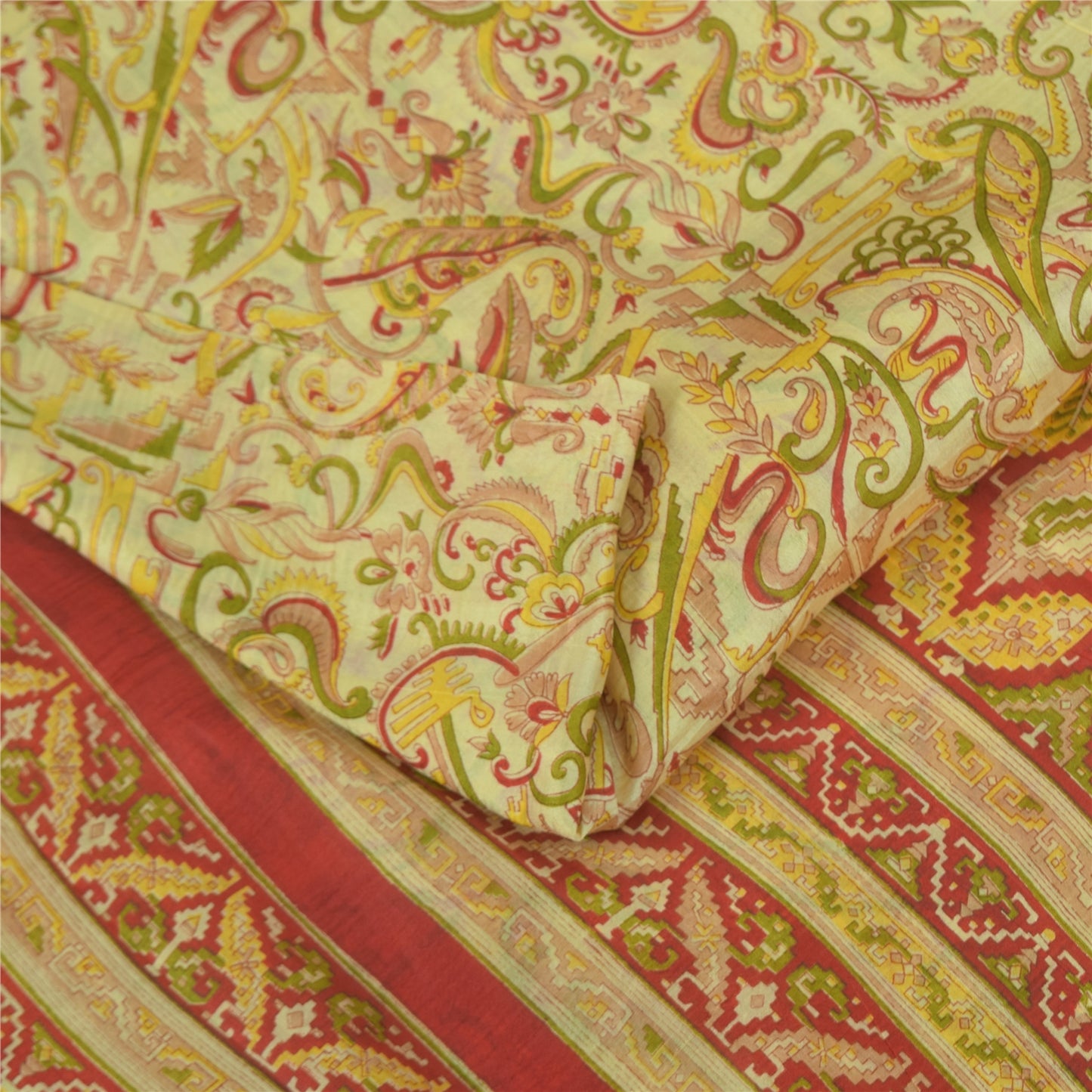 Sanskriti Vintage Sarees Cream Indian Pure Silk Printed Sari 5+yd Craft Fabric
