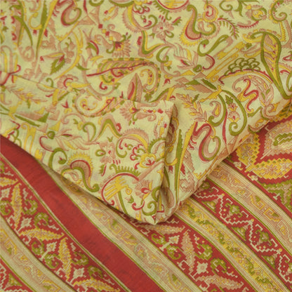 Sanskriti Vintage Sarees Cream Indian Pure Silk Printed Sari 5+yd Craft Fabric