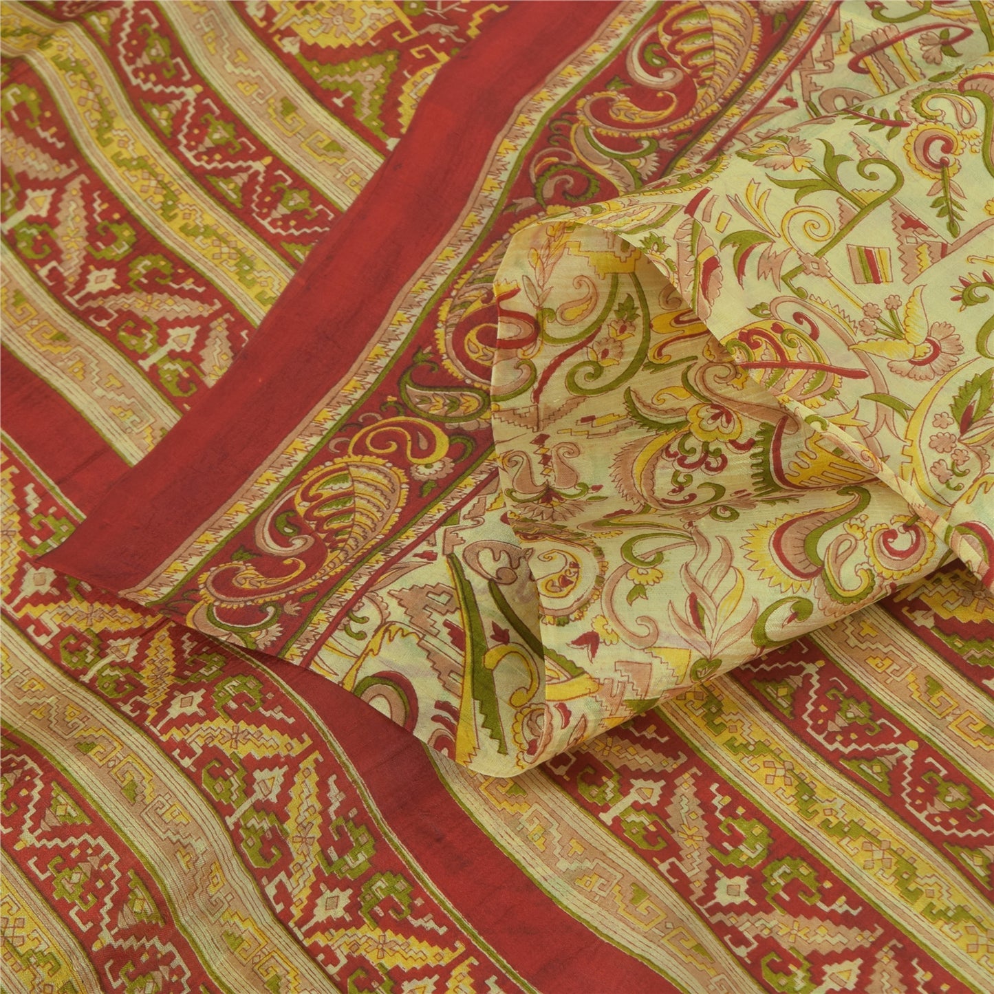 Sanskriti Vintage Sarees Cream Indian Pure Silk Printed Sari 5+yd Craft Fabric