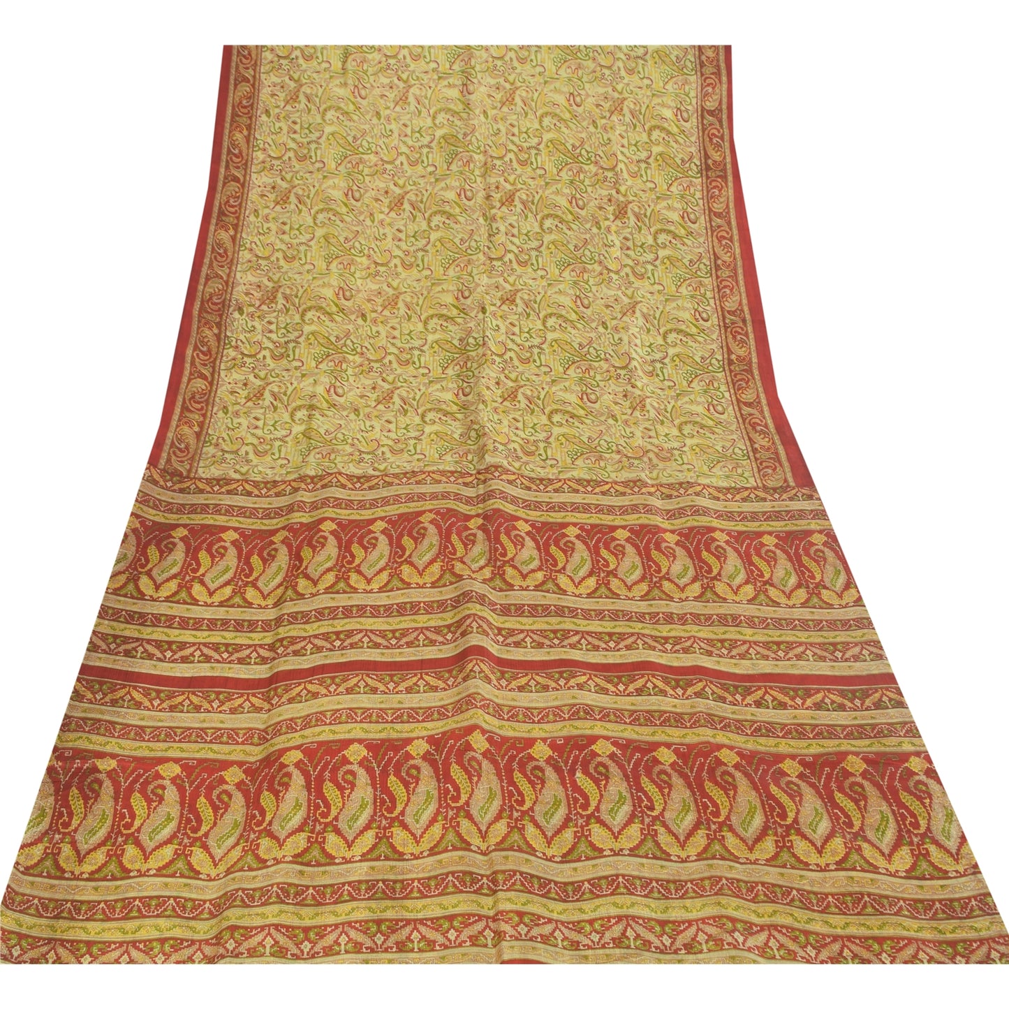 Sanskriti Vintage Sarees Cream Indian Pure Silk Printed Sari 5+yd Craft Fabric