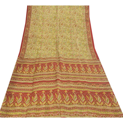 Sanskriti Vintage Sarees Cream Indian Pure Silk Printed Sari 5+yd Craft Fabric