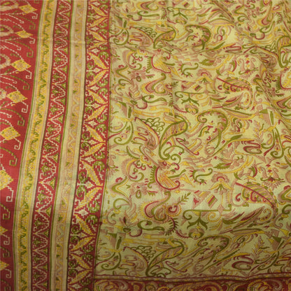 Sanskriti Vintage Sarees Cream Indian Pure Silk Printed Sari 5+yd Craft Fabric