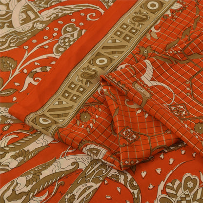 Sanskriti Vintage Sarees Orange Indian Pure Silk Printed Sari 5+yd Craft Fabric