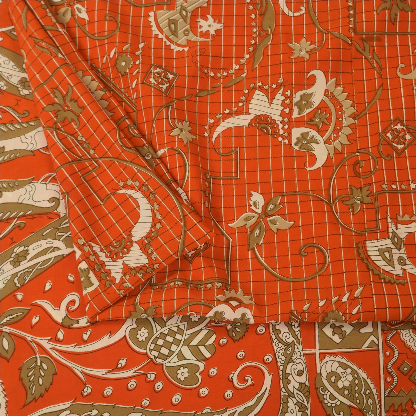 Sanskriti Vintage Sarees Orange Indian Pure Silk Printed Sari 5+yd Craft Fabric