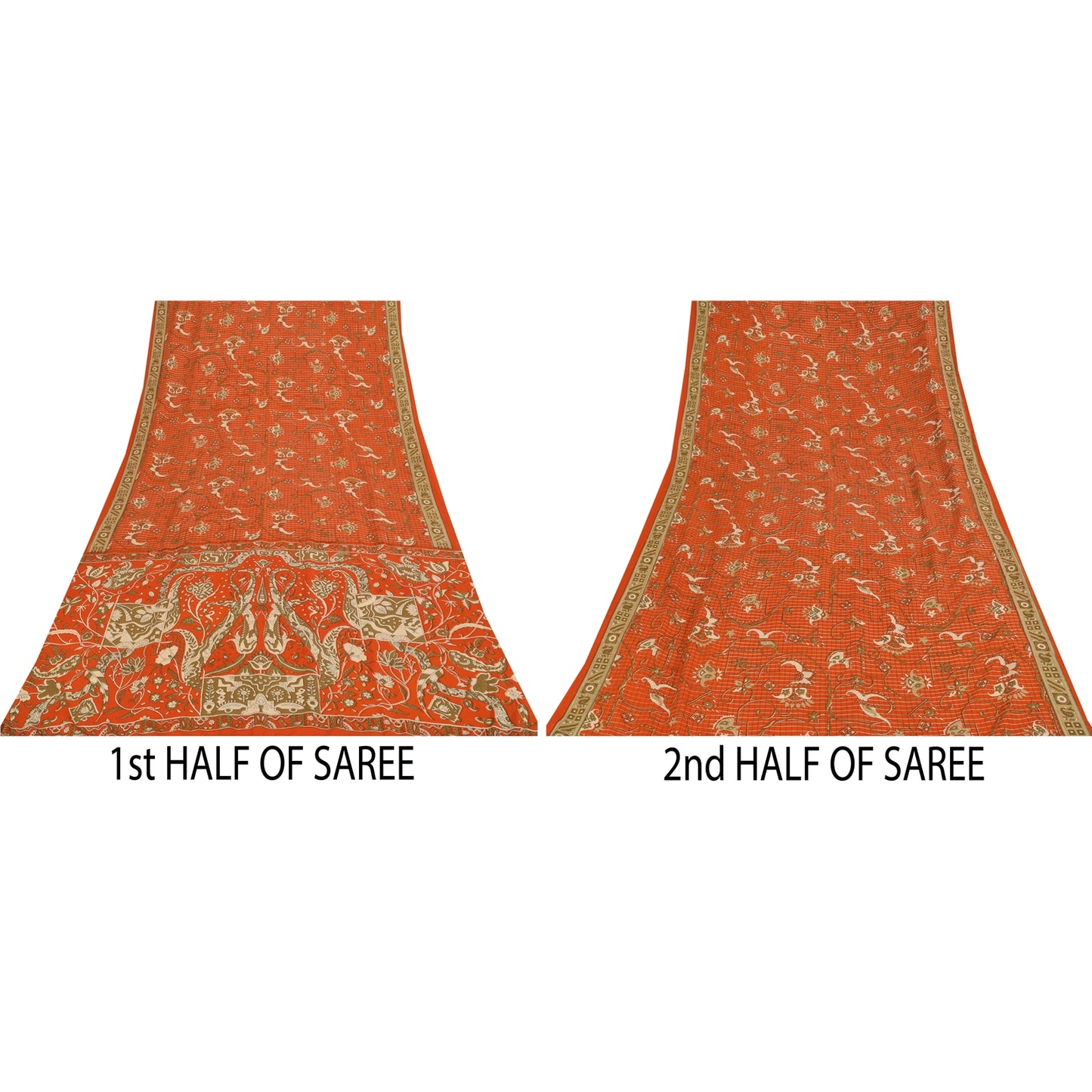 Sanskriti Vintage Sarees Orange Indian Pure Silk Printed Sari 5+yd Craft Fabric