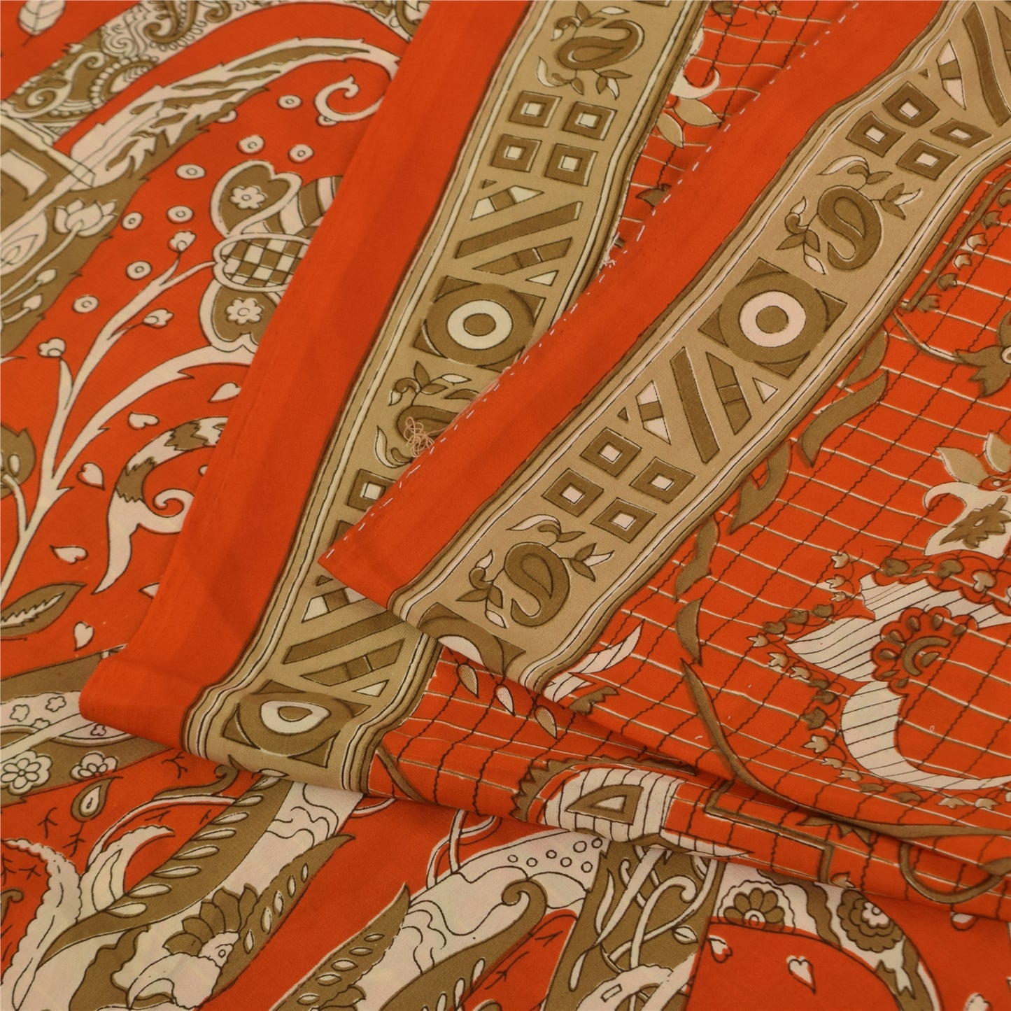 Sanskriti Vintage Sarees Orange Indian Pure Silk Printed Sari 5+yd Craft Fabric