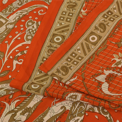 Sanskriti Vintage Sarees Orange Indian Pure Silk Printed Sari 5+yd Craft Fabric