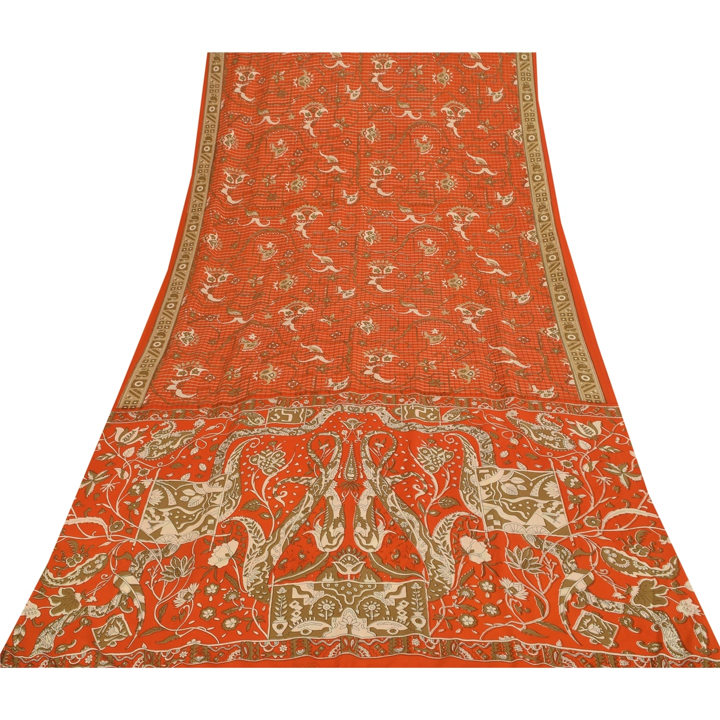 Sanskriti Vintage Sarees Orange Indian Pure Silk Printed Sari 5+yd Craft Fabric
