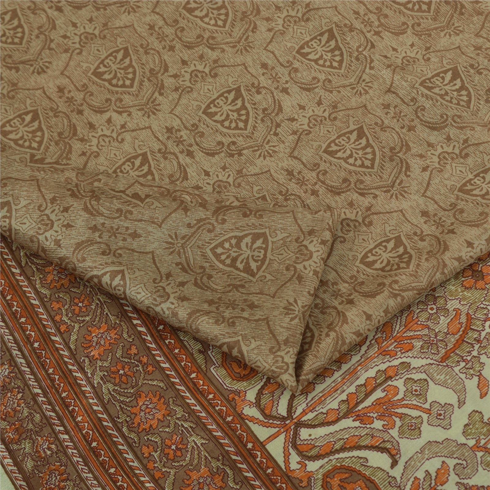 Sanskriti Vintage Sarees Brown 100% Pure Silk Printed Sari 6+yd SoftCraft Fabric