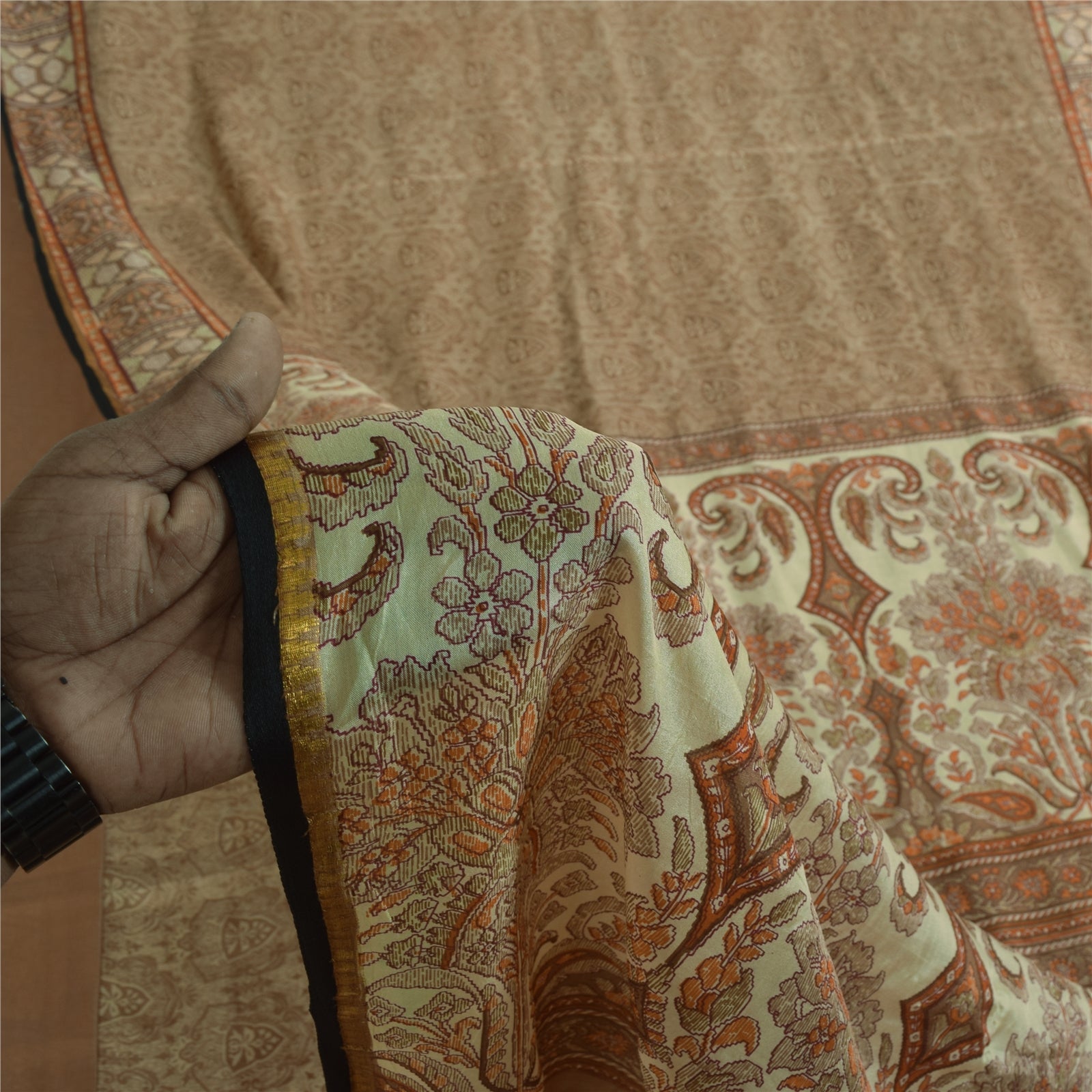 Sanskriti Vintage Sarees Brown 100% Pure Silk Printed Sari 6+yd SoftCraft Fabric