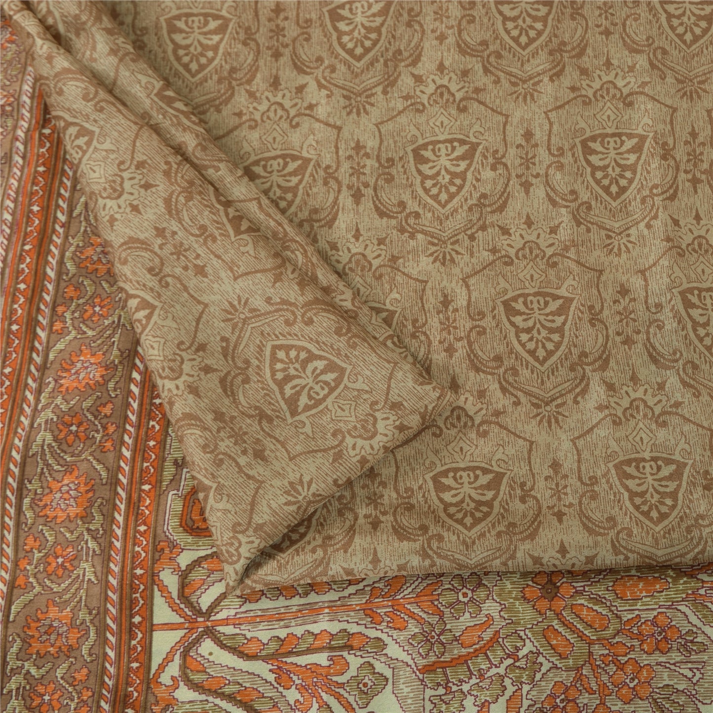 Sanskriti Vintage Sarees Brown 100% Pure Silk Printed Sari 6+yd SoftCraft Fabric