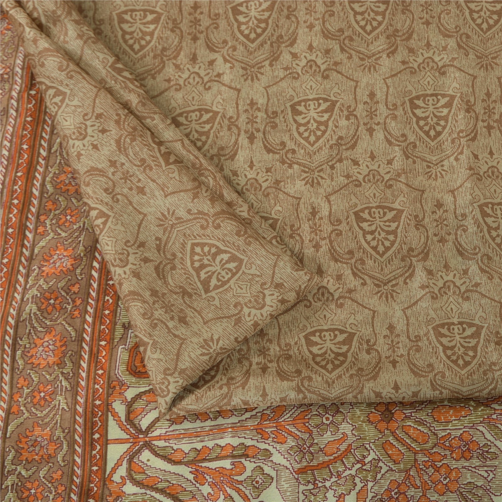 Sanskriti Vintage Sarees Brown 100% Pure Silk Printed Sari 6+yd SoftCraft Fabric