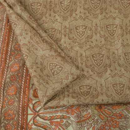 Sanskriti Vintage Sarees Brown 100% Pure Silk Printed Sari 6+yd SoftCraft Fabric