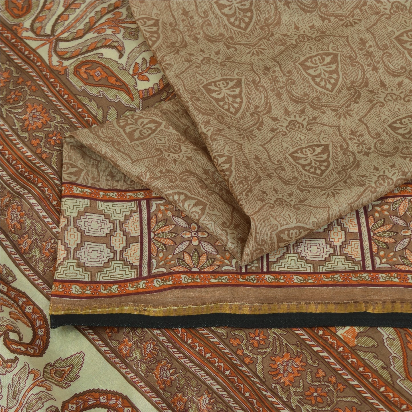 Sanskriti Vintage Sarees Brown 100% Pure Silk Printed Sari 6+yd SoftCraft Fabric