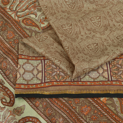 Sanskriti Vintage Sarees Brown 100% Pure Silk Printed Sari 6+yd SoftCraft Fabric