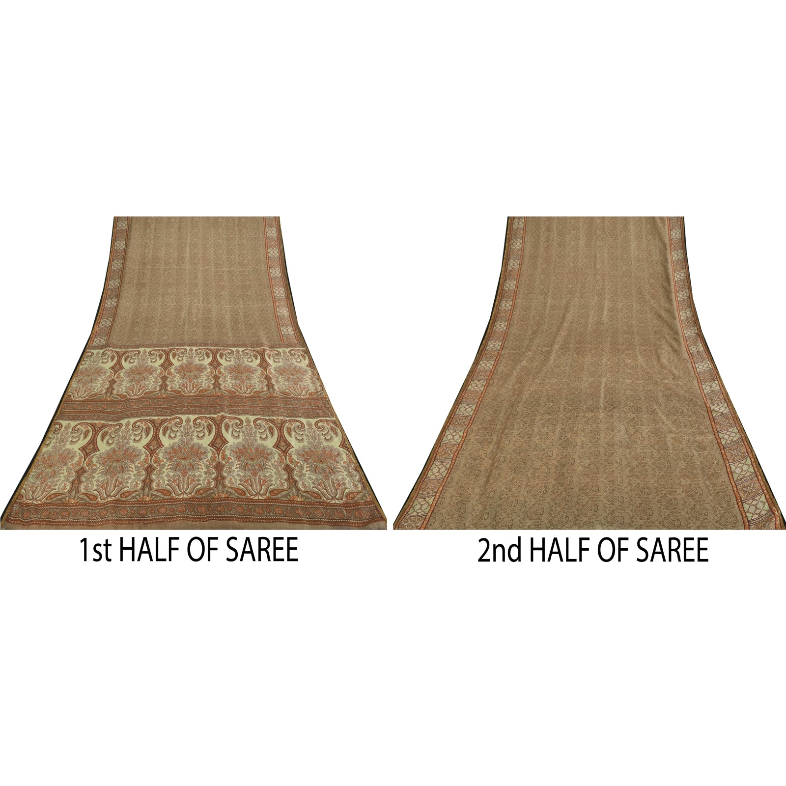 Sanskriti Vintage Sarees Brown 100% Pure Silk Printed Sari 6+yd SoftCraft Fabric