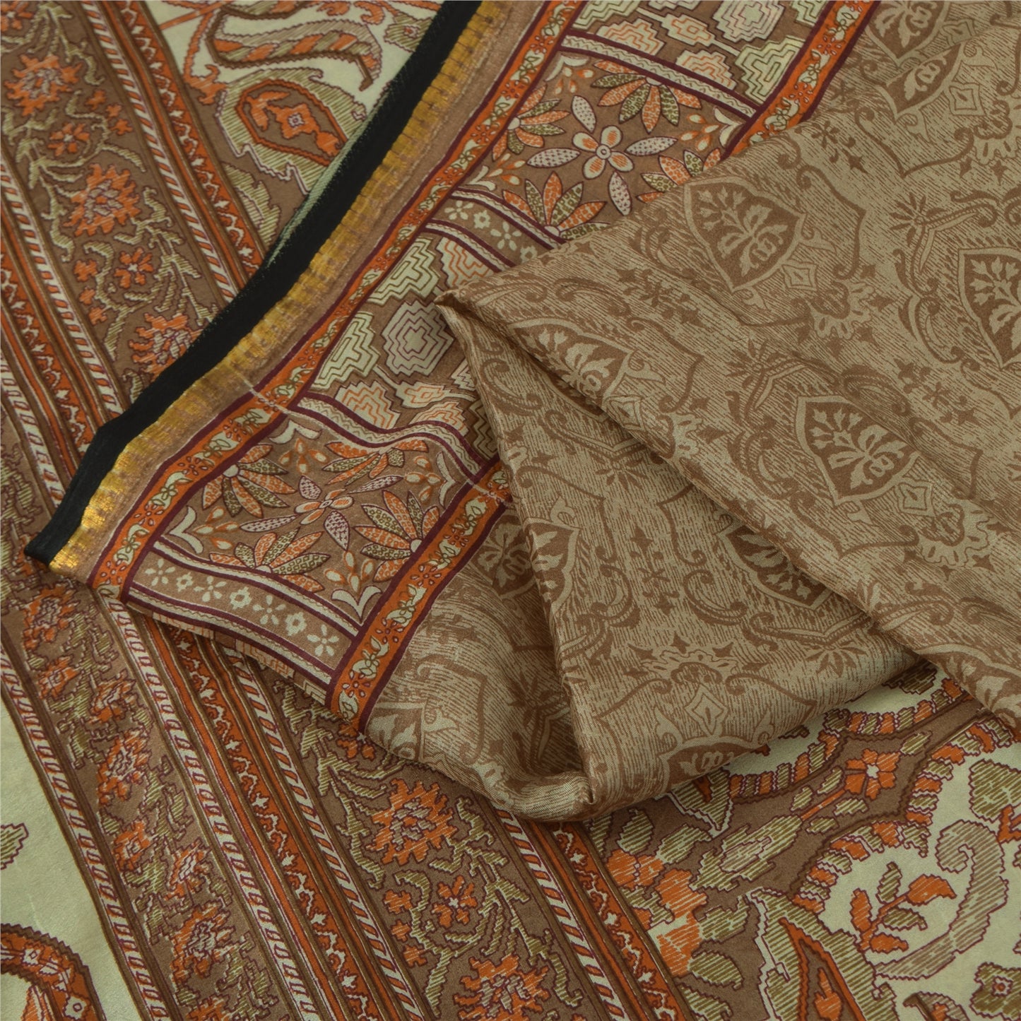 Sanskriti Vintage Sarees Brown 100% Pure Silk Printed Sari 6+yd SoftCraft Fabric