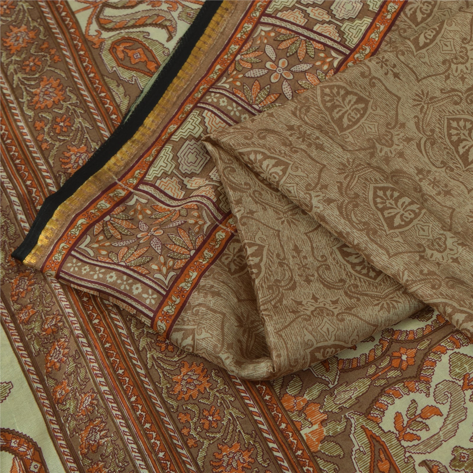 Sanskriti Vintage Sarees Brown 100% Pure Silk Printed Sari 6+yd SoftCraft Fabric