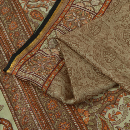 Sanskriti Vintage Sarees Brown 100% Pure Silk Printed Sari 6+yd SoftCraft Fabric