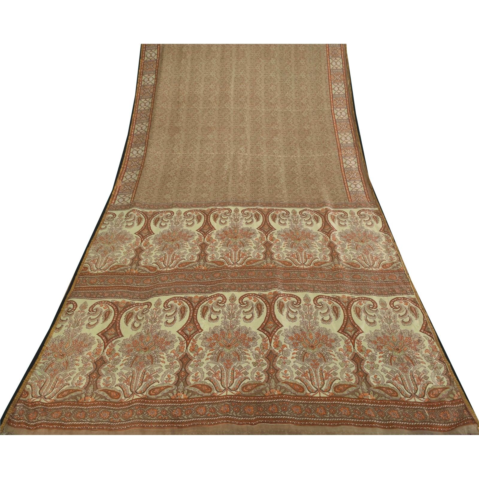 Sanskriti Vintage Sarees Brown 100% Pure Silk Printed Sari 6+yd SoftCraft Fabric