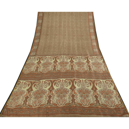 Sanskriti Vintage Sarees Brown 100% Pure Silk Printed Sari 6+yd SoftCraft Fabric