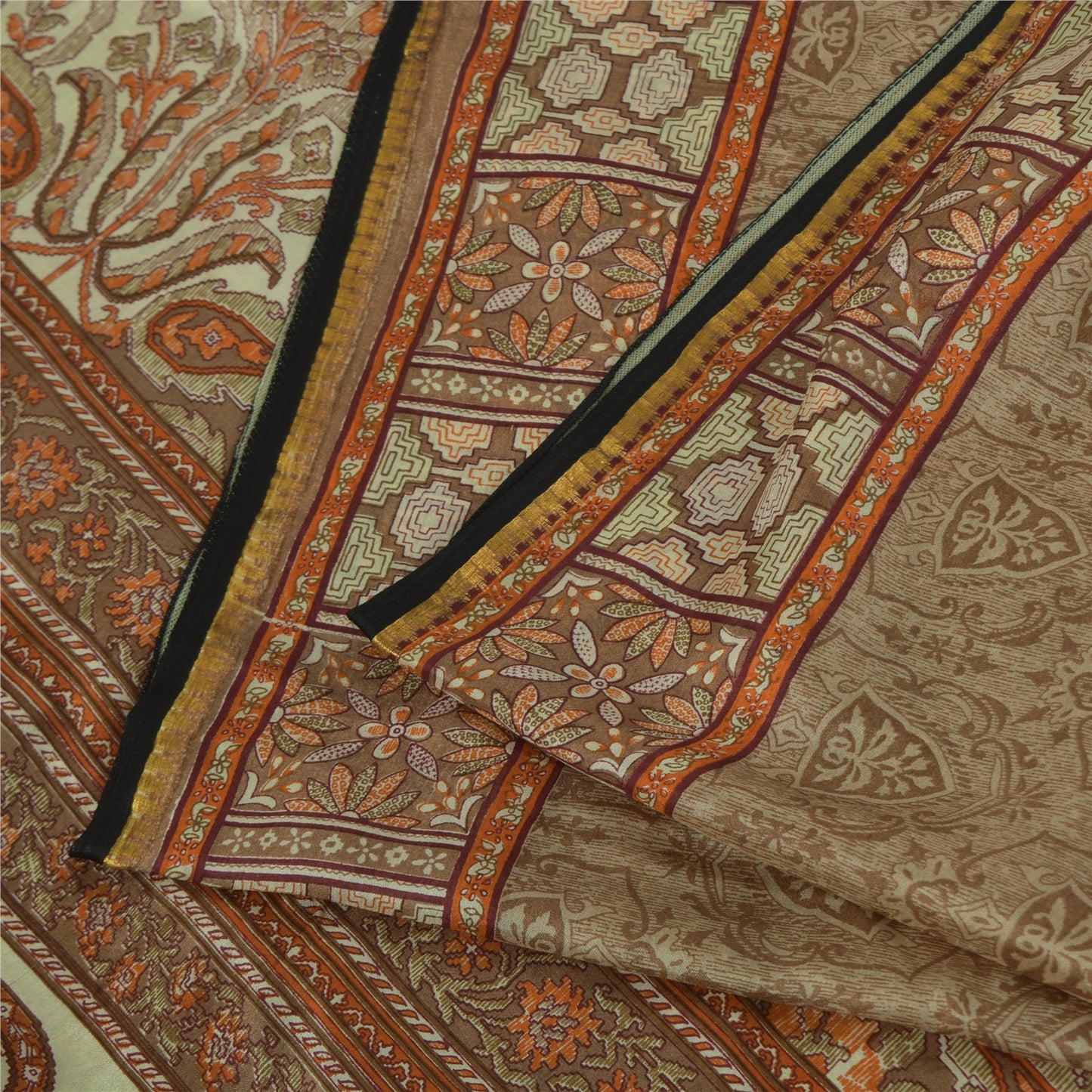 Sanskriti Vintage Sarees Brown 100% Pure Silk Printed Sari 6+yd SoftCraft Fabric