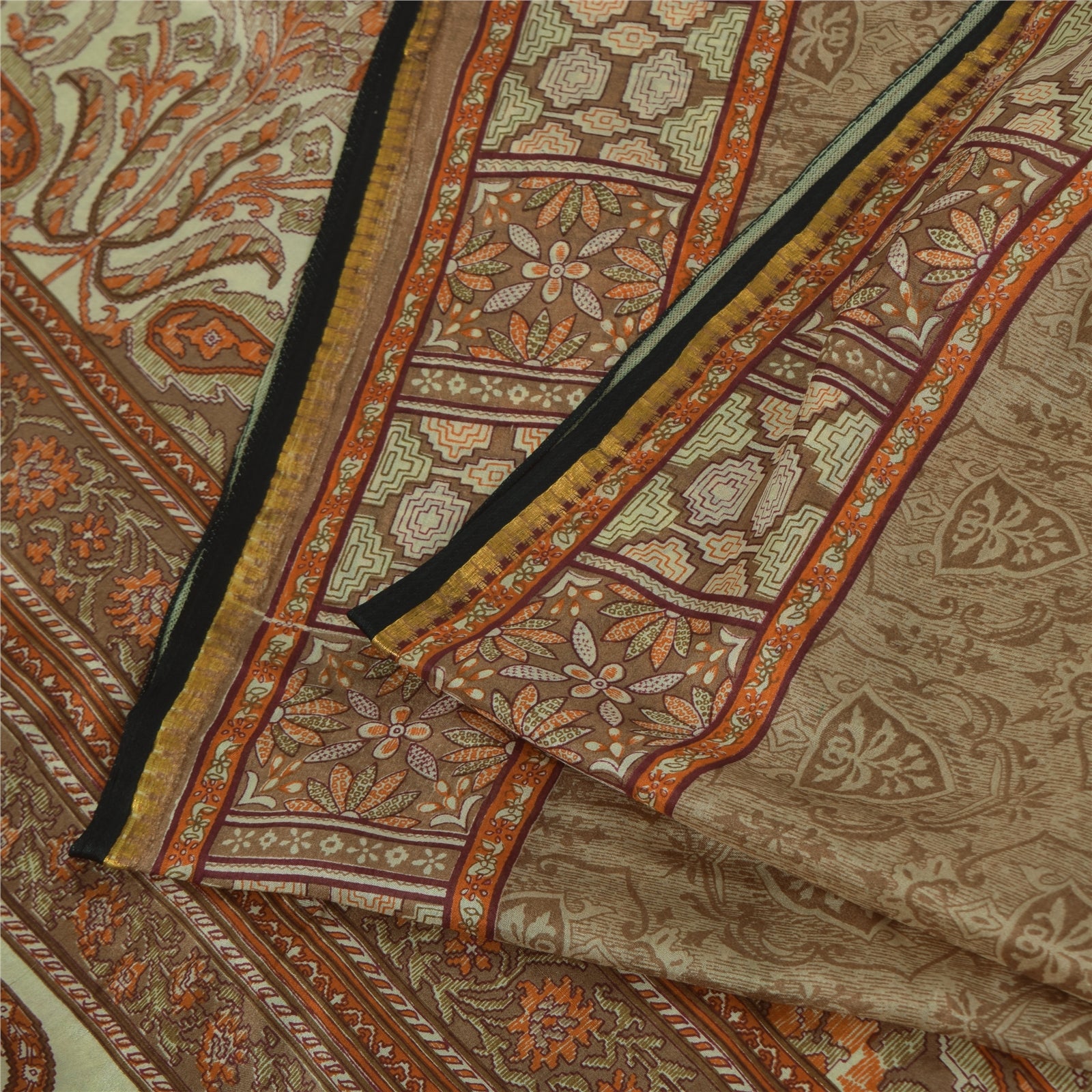 Sanskriti Vintage Sarees Brown 100% Pure Silk Printed Sari 6+yd SoftCraft Fabric