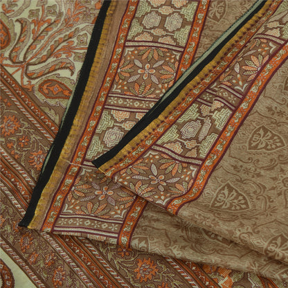 Sanskriti Vintage Sarees Brown 100% Pure Silk Printed Sari 6+yd SoftCraft Fabric